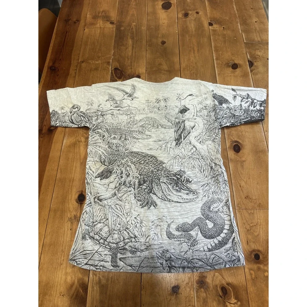 Vintage 90s All Over Print Nature T-Shirt Men's L Florida Wildlife Alligator